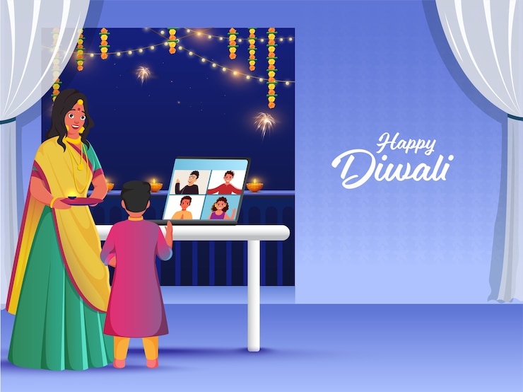 Vector indian people connecting and wishing on video call on the occasion of diwali