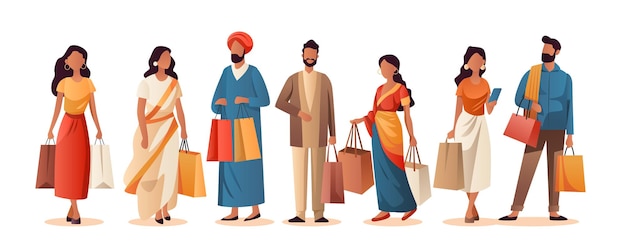 Indian people in traditional clothes holding shopping bags season big sale special offer promotion discount horizontal