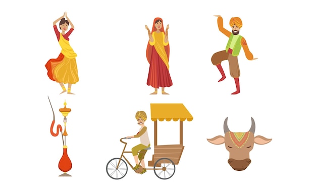 Vector indian people in traditional clothing symbols of country set rickshaw sacred cow and indian people in traditional clothing vector illustration