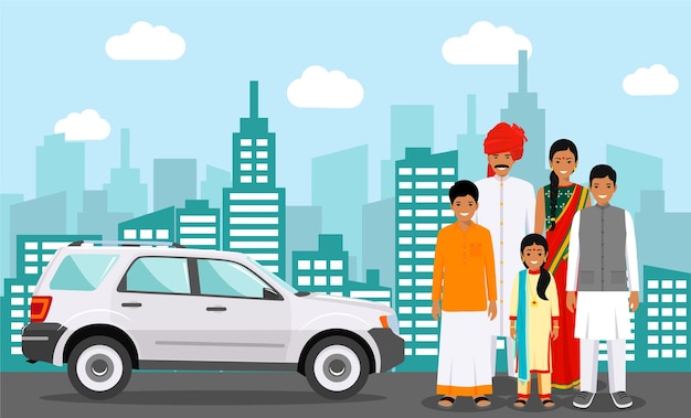 Indian People in Traditional National Clothes Standing Near the Car on Background with Cityscape