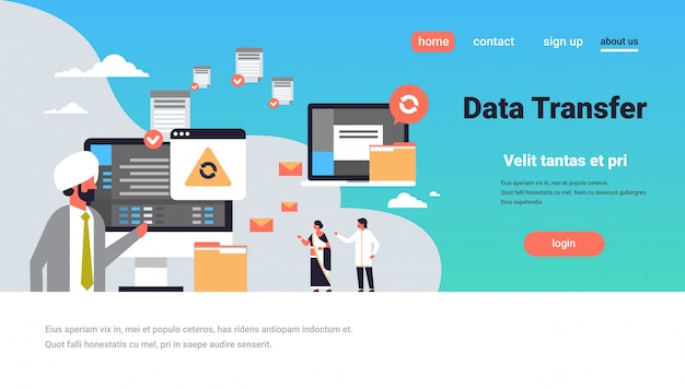 データ転送概念同期コンピューター接続バナーを働くインド人