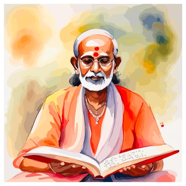 Indian priest performing ritual reciting mantras watercolour vector illustration