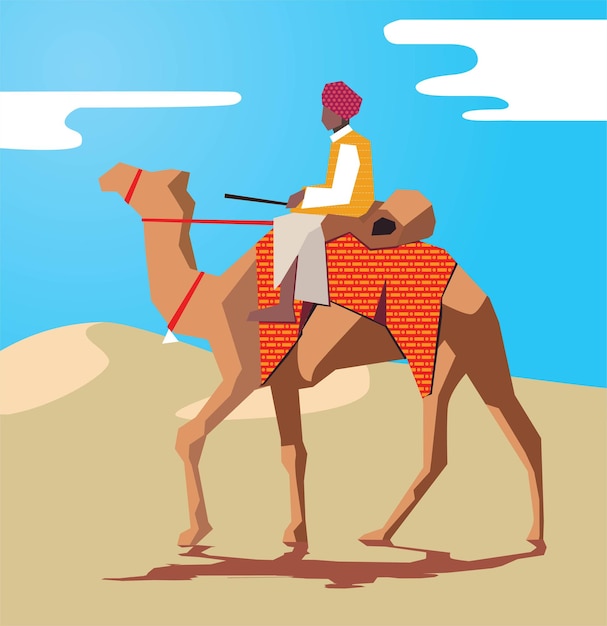 Vector indian rajasthani man on camel ride in desert