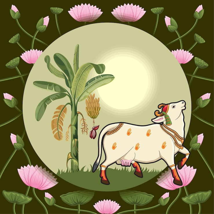 वेक्टर indian rajasthani miniature art work pichwai cow and tree