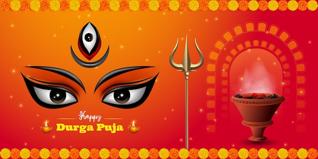Vettore indian religion festival durga puja banner header design con illustrazione del volto della dea durga