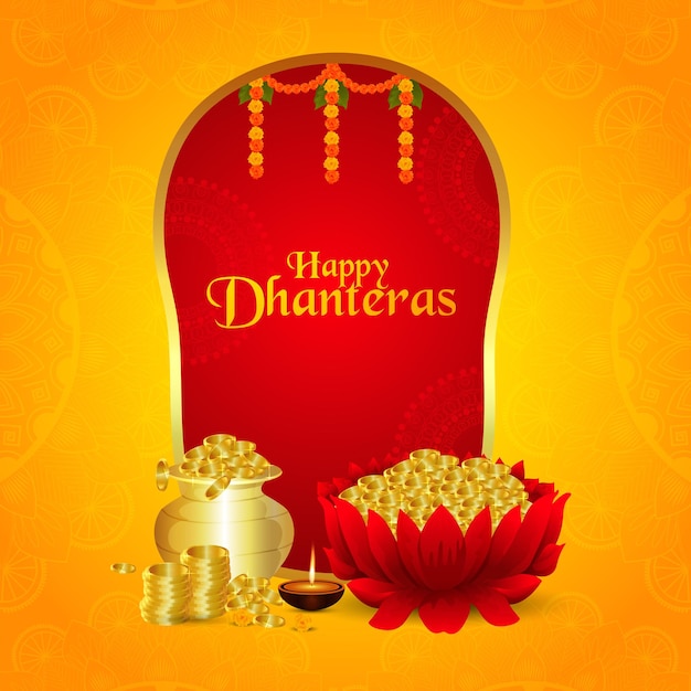 Cartolina d'auguri di celebrazione di festa religiosa indiana felice dhanteras con illustrazione vettoriale di moneta d'oro