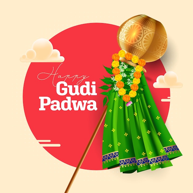 Вектор Индийский религиозный фестиваль happy gudi padwa greeting background template design vector illustration