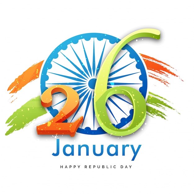 Vector indian republic day concept with gliter text 26th january on ashoka chakra background.
