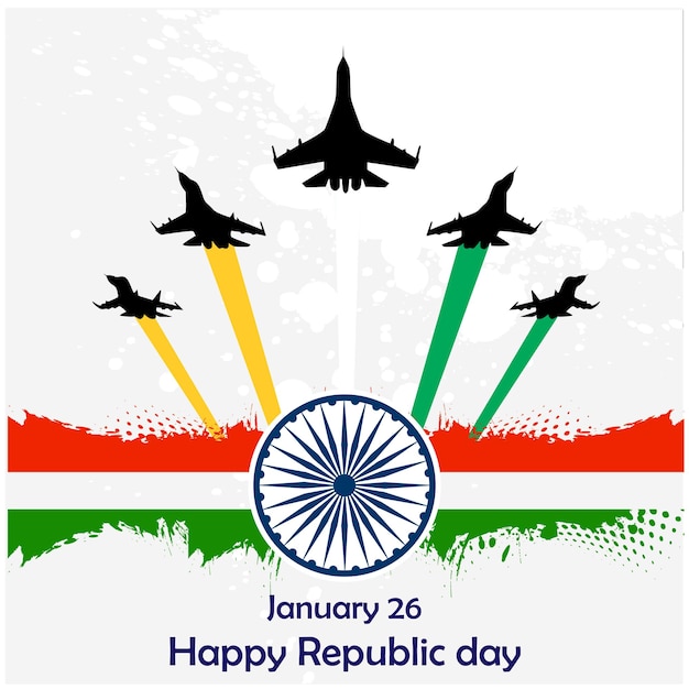 Vettore giornata della repubblica indiana con sfondo e jet da combattimento