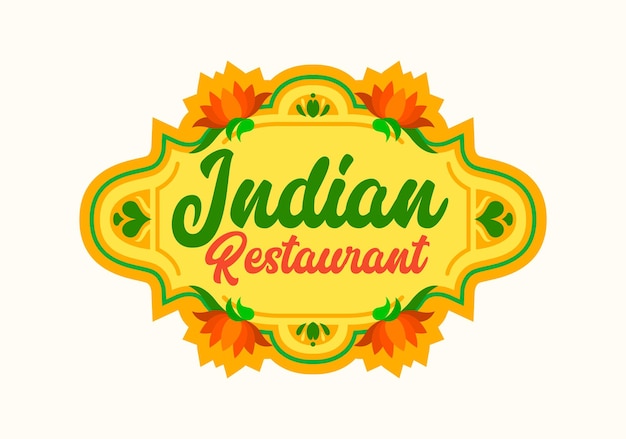 Indian restaurant embleem met bloeiende lotusbloemen met oranje bloemblaadjes en groene bladeren. food of india label voor cafe menu design of national cuisine festival geïsoleerde vectorillustratie, icon