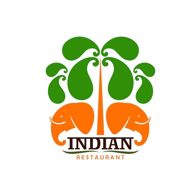 Индийский ресторан значок, слоны и зеленые пальмы