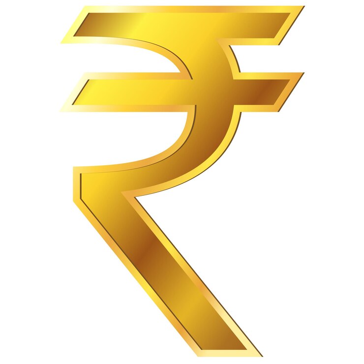वेक्टर भारतीय रुपया आईएनआर (inr) मुद्रा का सुनहरा चिन्ह सामने के दृश्य में, सफेद बैकग्राउंड पर अलग किया गया है। भारतीय रिज़र्व बैंक द्वारा मुद्रा क्लिपआर्ट डिज़ाइन एलिमेंट।