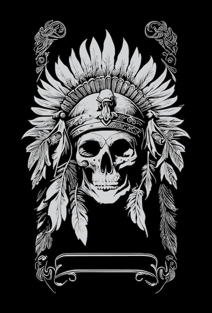 Indian skull warrior black and white hand drawn illustration