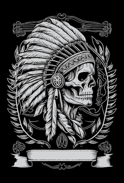 Indian skull warrior black and white hand drawn illustration