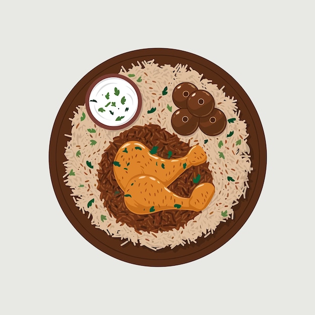 Indian spicy food Butter Chicken Biryani or Murgh Makhani Biryani with raita and gulab jamun