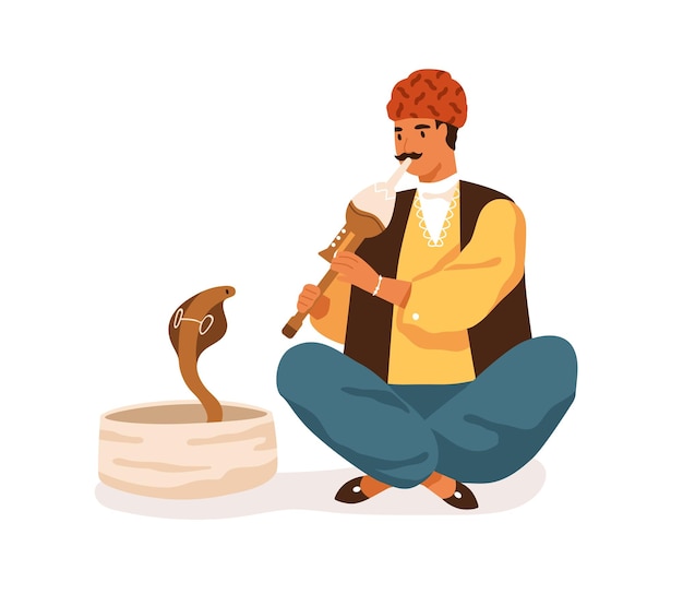 Vector indian street musician playing traditional instrument for snake. happy man in turban performing folk music with pungi for cobra. colored flat vector illustration isolated on white background.