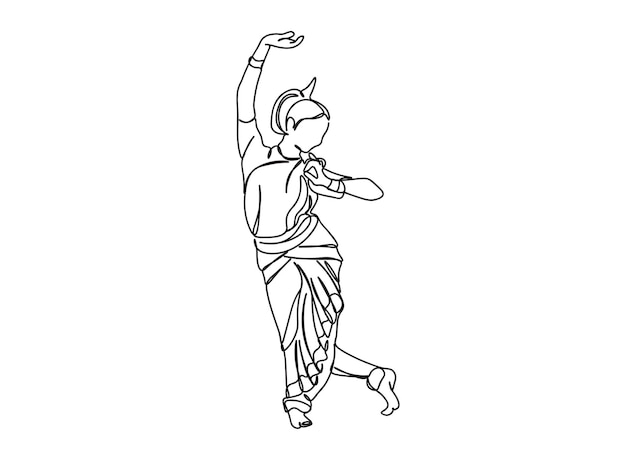 Indian Tamil Dance Girl single-line art drawing continues line vector illustration