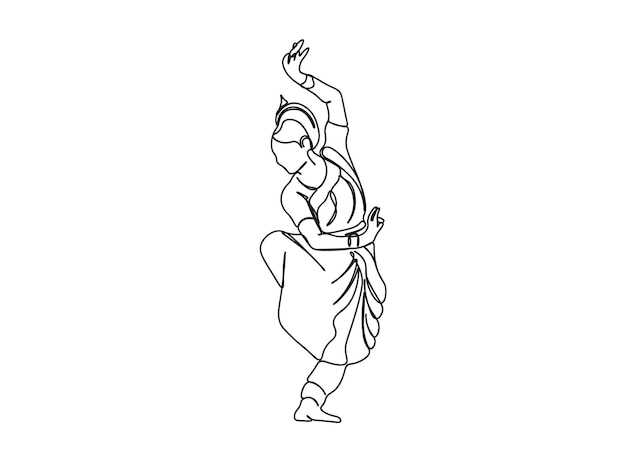 Indian Tamil Dance Girl single-line art drawing continues line vector illustration