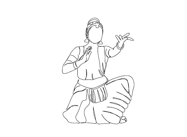 Indian Tamil Dancer single-line art drawing continues line vector illustration