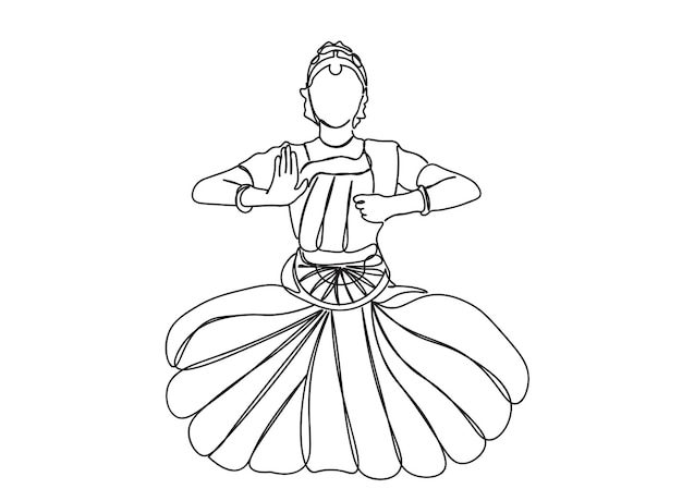 Indian Tamil Dancing Girl single-line art drawing continues line vector illustration