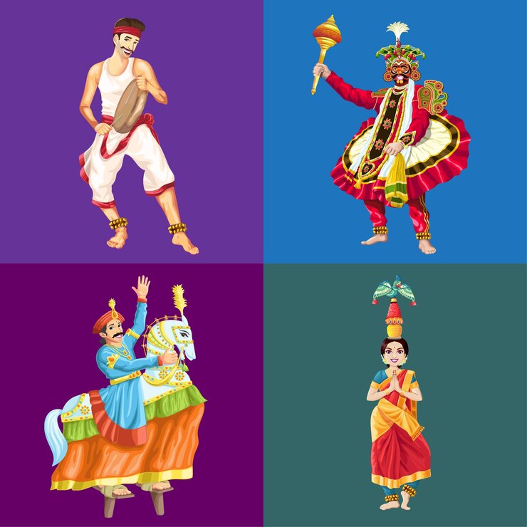 वेक्टर indian tamil set of folk dance performers in festive season