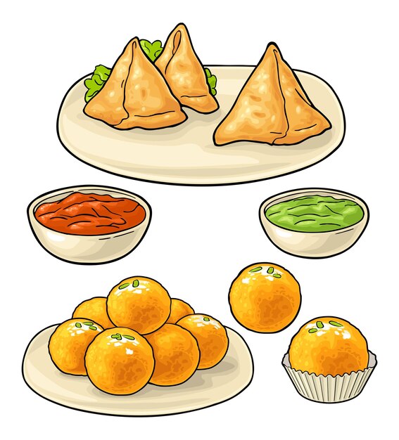 Vector indian traditional food samosa and ladoo vector color engraving