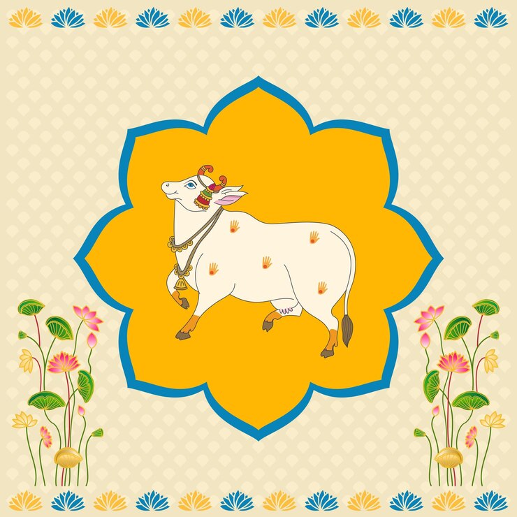 वेक्टर indian traditional holy cow painting with lotus flower and leaf designs