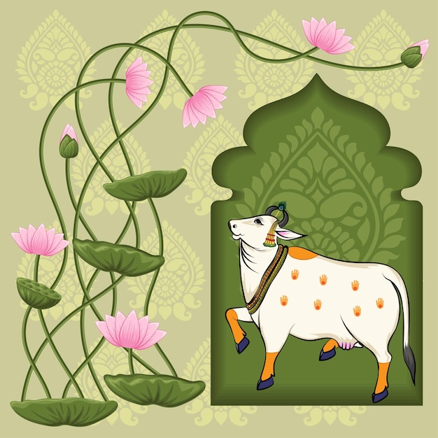 Indian traditional rajasthani painting cow near the lotus arch