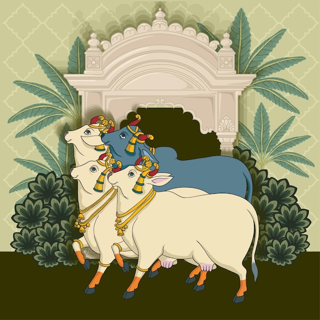 Indian traditional rajasthani painting group of happy cows and bull in front of arch