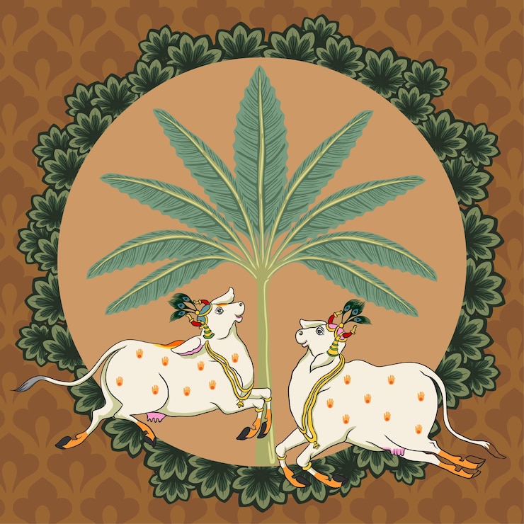 वेक्टर indian traditional rajasthani painting happy cows jumping joyfully in front of tree
