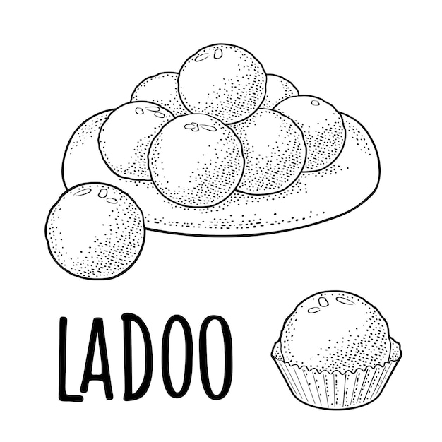 Vector indian traditional sweets ladoo in plate vector vintage engraving