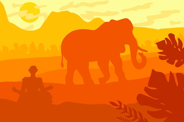 Indian tropical landscape with elephant and monk. Vector