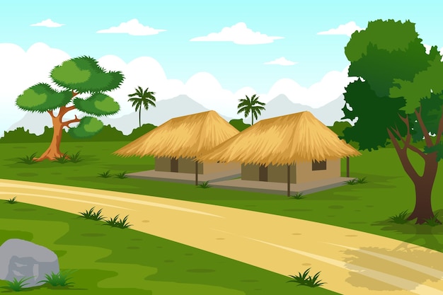 Vector indian village background illustration. a beautiful village with farmlands, trees in the background