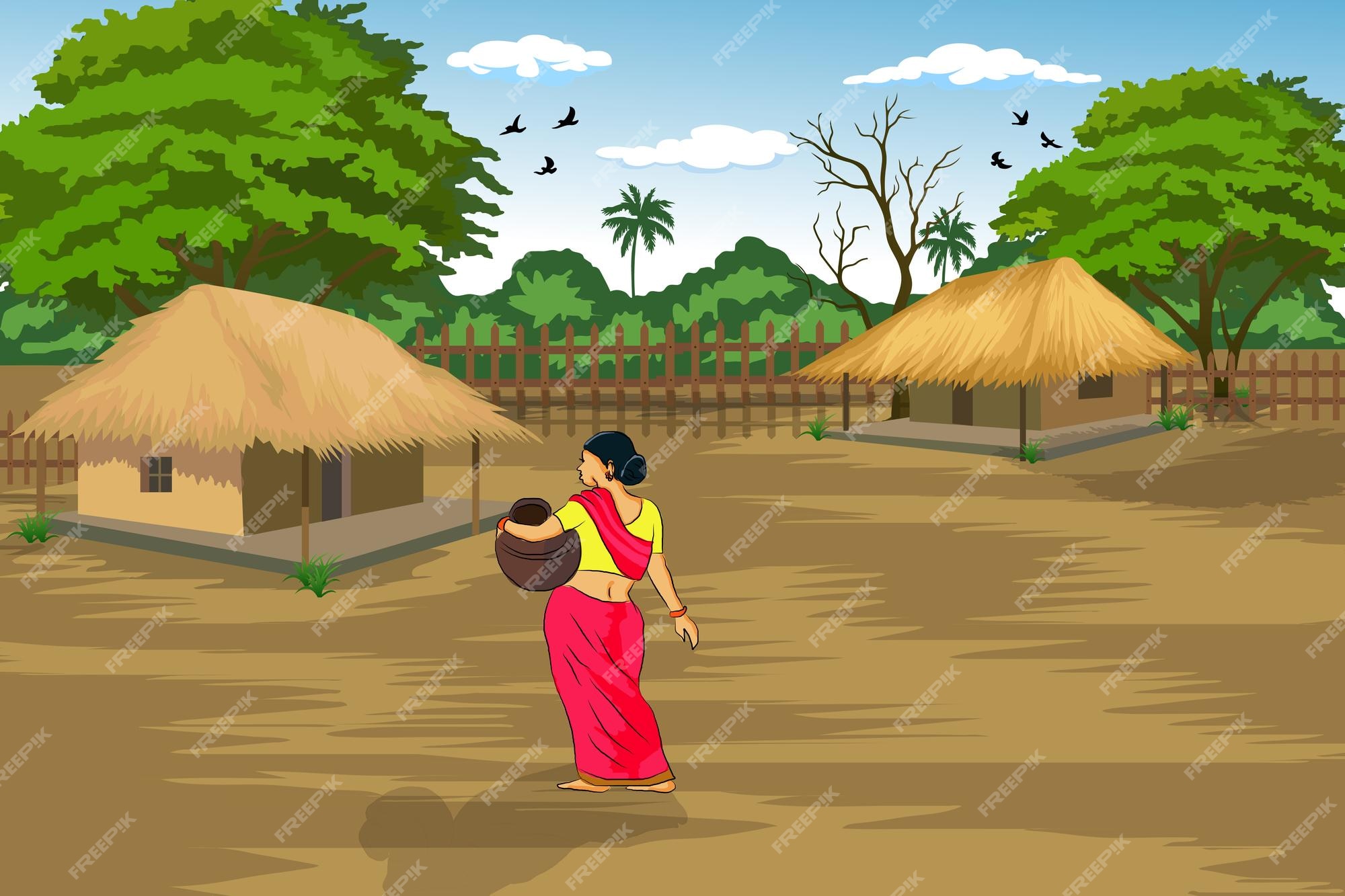 Premium Vector | Indian village background illustration. a beautiful village  with farmlands, trees in the background