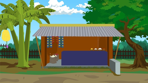 indian village store for cartoon animation indian tea stall asian grocery shop vector illustration