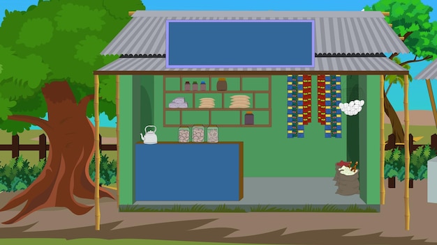 indian village tea stall asian rural village rustic grocery shop countryside food store vector ill