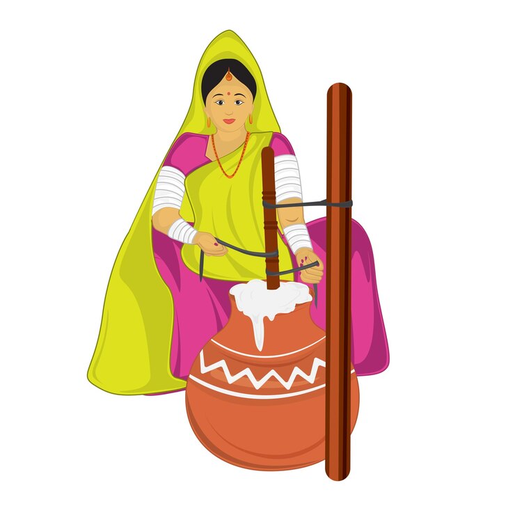 वेक्टर indian village woman making ghee on bilona