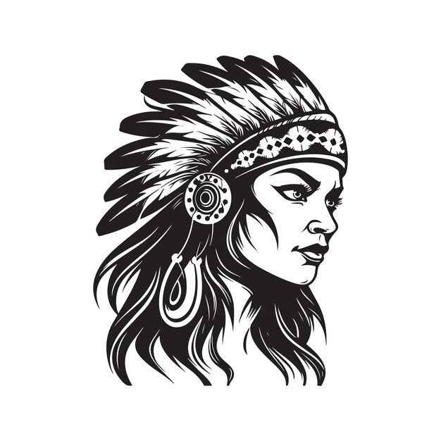 Indian warrior girl logo concept black and white color hand drawn illustration