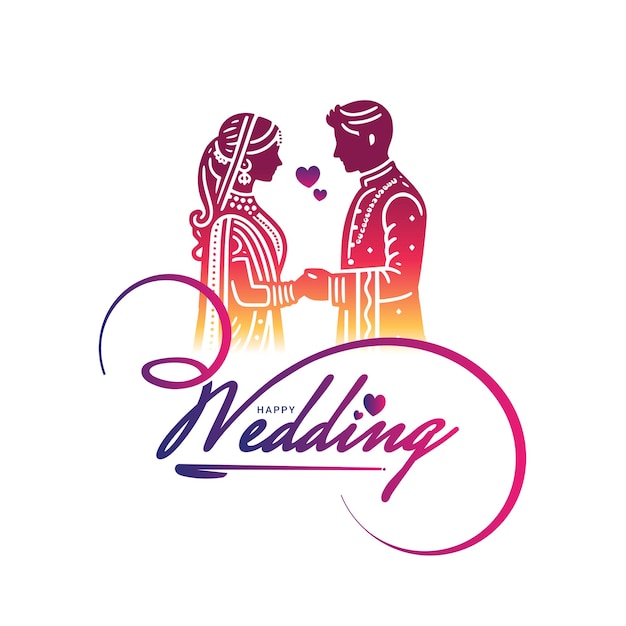 Set di spose e sposi indiani con calligrafia di matrimonio felice per la carta d'invito al matrimonio indiano