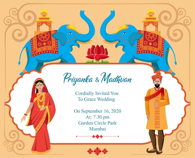 indian wedding card invitation design template with decorative elephant vector