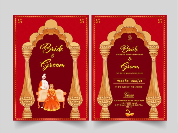 힌두교 신랑 이미지 및 이벤트 세부 정보가 있는 인도 웨딩 카드 템플릿 레이아웃.