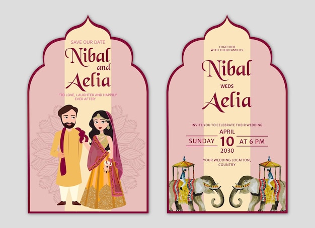 インドの結婚式のカップルのウェディング カードのイラスト