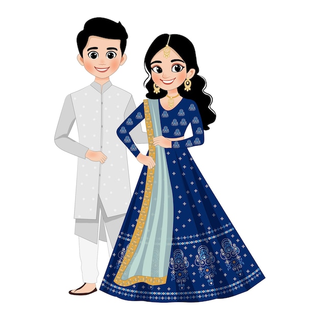 インドの結婚式のカップルの服装 花嫁のチャニア・チーリと花婿のクルタ