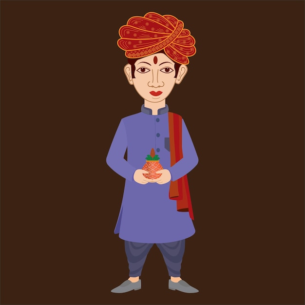 Indian Wedding Groom vector illustration with turban and holding pooja kalash in hand