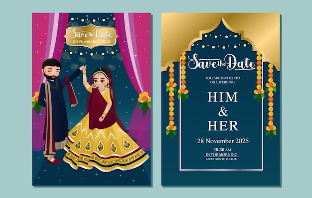 Indian wedding invitation card cute Hindu couple cartoon character in Front and Back View