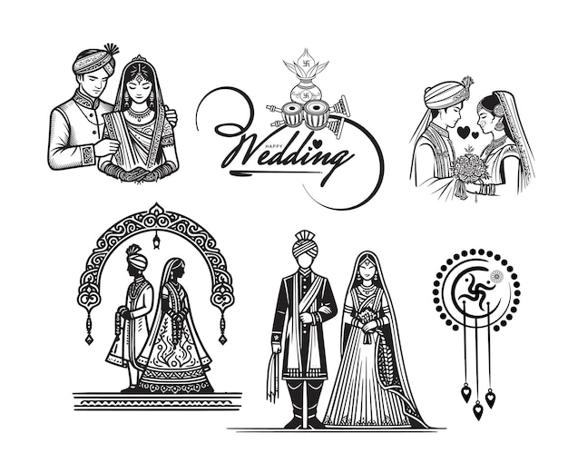 Vector indian wedding invitation card decorative elements collection bride and groom kalash