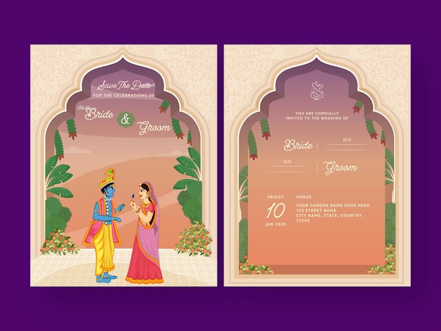 Vector indian wedding invitation card with beautiful couple character of lord krishna and radha