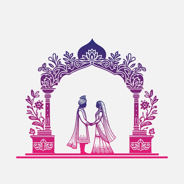 Vector indian wedding mandap with bride and groom for wedding invitation card