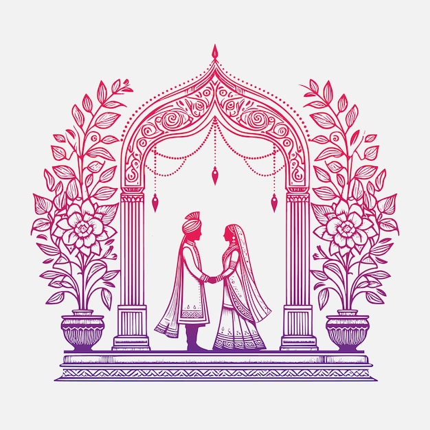 Vector indian wedding mandap with bride and groom for wedding invitation card