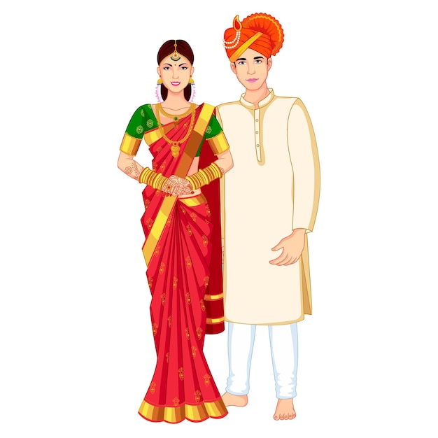 전통 의상을 입고 서 있는 인도 결혼식 마라티 커플